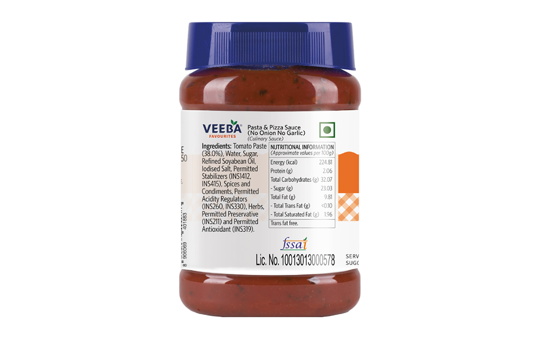 Veeba Pasta & Pizza Sauce No Onion No Garlic   Plastic Jar  310 grams